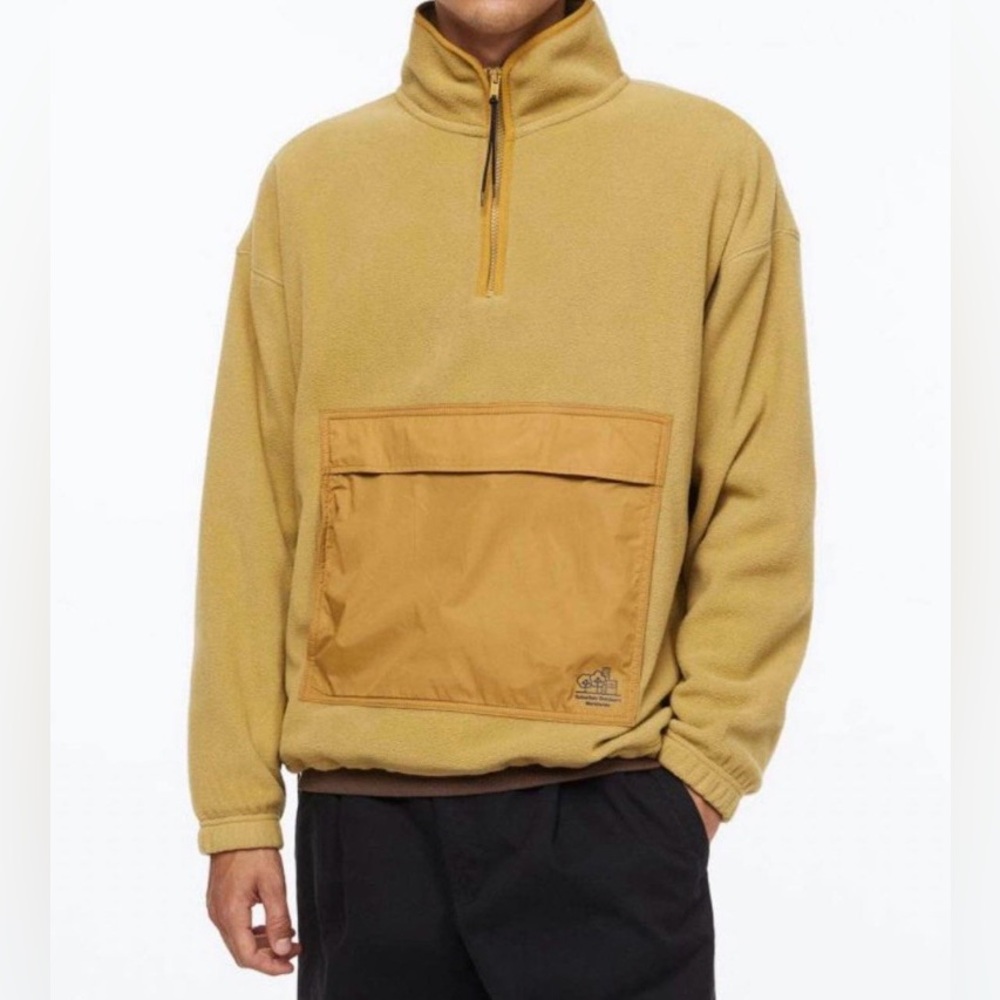 H&M Fleece Sweater Jacket Mustard Yellow Men Sz S Cozy Oversized Pullover Hiking